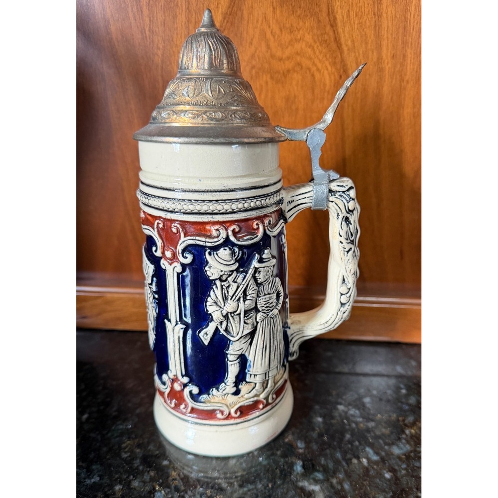 Vintage Luchow's Western Germany Beer Stein Ornate Pewter Lid Relief Stoneware